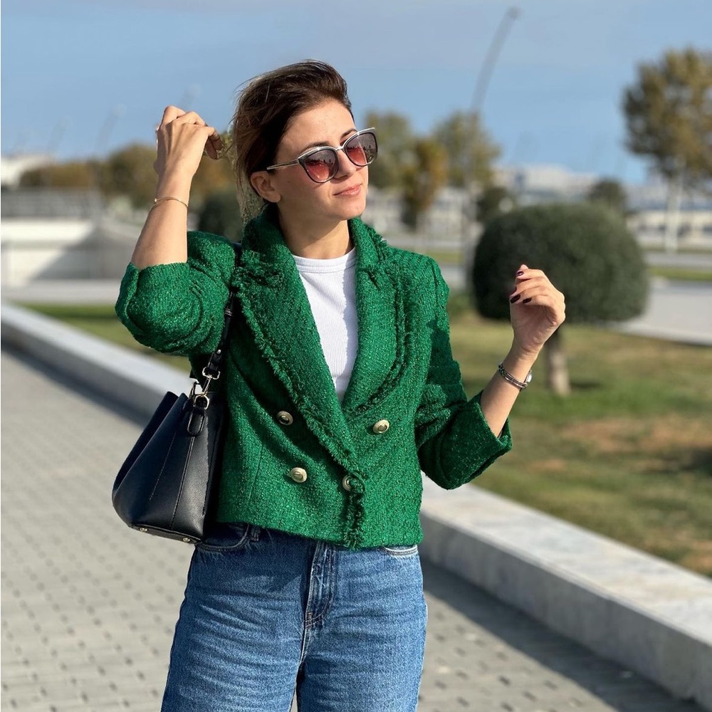 ๐(NWT) ZARA Bloggers Fav Green Tweed Double Breasted Cropped Blazer. Size XS - Picture 6 of 16
